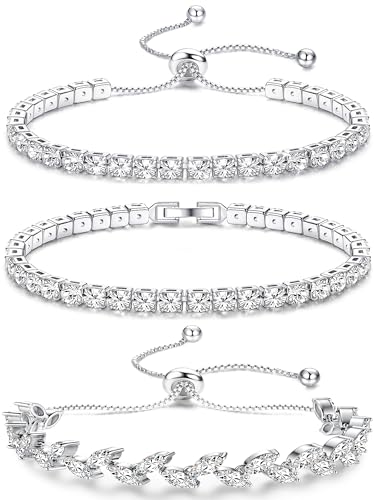 Image of JeweBella 3PCS Tennis Bracelet Silver for Womens Girls Crystal Zirconia Slider Bracelets Adjustable Classic Tennis Bracelets Set Diamond Bracelet Jewellery Gift for Girlfriend,Mother,Wife,Friend