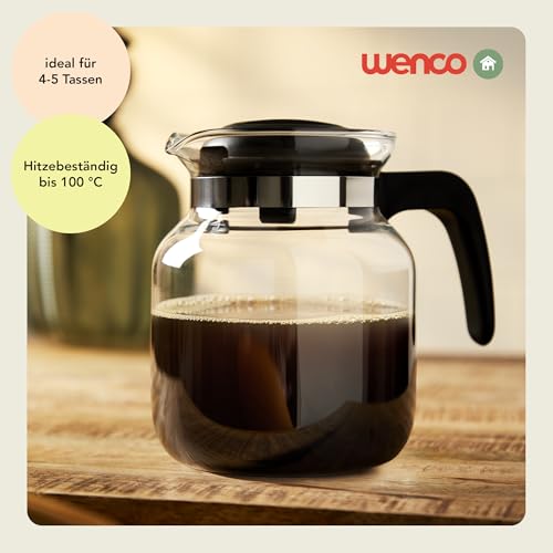 wenco Glaskanne 1,25 l - Ideal für Tee, Kaffee und Kaltgetränke, hitzebeständig, mit Deckel und Ausguss-Öffnung - Spülmaschinenfest und bruchsicher - Transparent/Schwarz