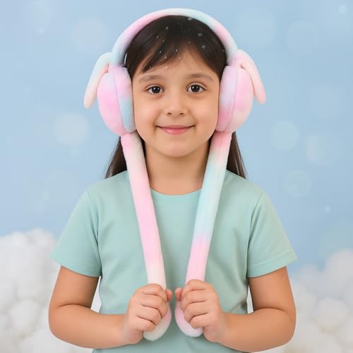 Image of Trending Kids Winter Ear Muffs Rainbow Unicorn Rabbit Moving Ear Bunny Warmers with Chu Chu Sound Soft Plush Head Band