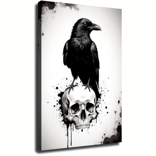 Raven Skull Gothic Art Wall Decor Dark Crow Spooky Halloween