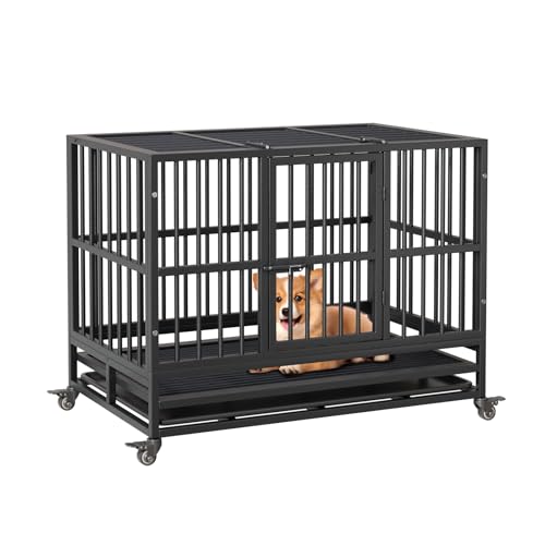 Robuste Hundebox aus Stahl- 37 Zoll, Unzerstörbarer Hundekäfig, Doppeltür, abschließbare 360° Rollen, herausnehmbare Schale- Für große, mittlere & kleine Hunde- Größe: 37 Zoll