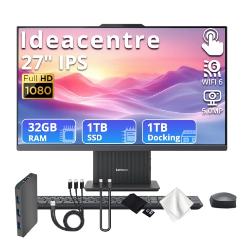 Image of Lenovo IdeaCentre AIO 27 inch FHD IPS Touch All-in-One Desktop, AMD Ryzen 5 8645HS, 32GB RAM, 2TB Storage (1TB SSD&1TB Dock), AMD Radeon 760M, Wireless Keyboard & Mouse, Webcam, Wi-Fi 6, Win 11, Grey