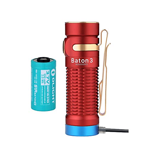 OLIGHT Baton 3 LED懐中電灯 フラッシュライトハンディライト1200ルーメン 充電式 IPX8防水 防災 キャンプ 屋内 アウトドア 登山 作業 (赤)