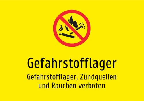 Gefahrstofflager - Gefahrstofflager; Zündquellen und Rauchen verboten – Aufkleber A5: 210x148mm – Mit Grafik und Text