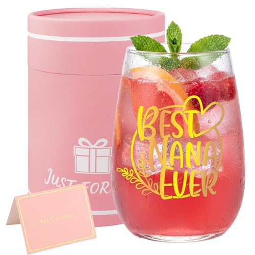 Bliceon Best Nana Gifts, Nana Birthday Gifts, 15 Oz Personalised Wine Glass, Grandma Gift from Grandchildren, Stemless Wine Glasses for Grandma, Retirement Gift for Women