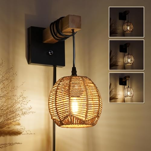 HYMELA N01 Plug in Dimmable Wall Sconces Hanging Boho Rattan