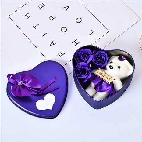 India Kraft Store Teddy and Roses Valentine Day Best Love Gift Heart Shape and Rose Soap Flower Petals with Box & Soft Teddy Bear (12 cm Lenght of Box) (Metal, Purple)-image-30