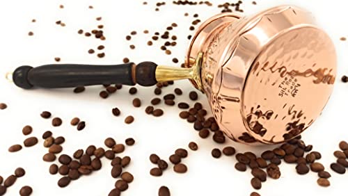 The Silk Road Trade - Aci Series (Large) - Thickest Solid Engraved Copper Turkish Greek Arabic Coffee Pot With Wooden Handle/Stovetop Coffee Maker, Jazzve, Cezve, Ibrik, Briki, Café Turco (18 Fl Oz) #TOP3