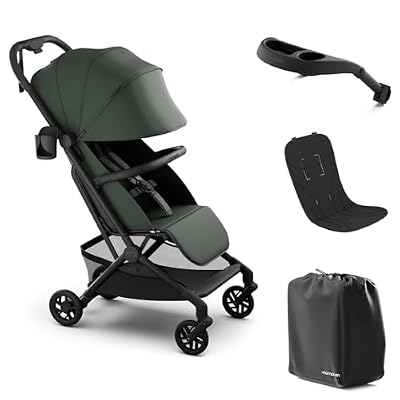 Mompush Velo Lightweight Travel Stroller, Compact & Airplane-Friendly for Baby and Toddler, Lie-Flat Seat, One-Hand Fold, with Leather Bumper Bar, Snack Tray, Raincover, Storage Bag & Cup Holder