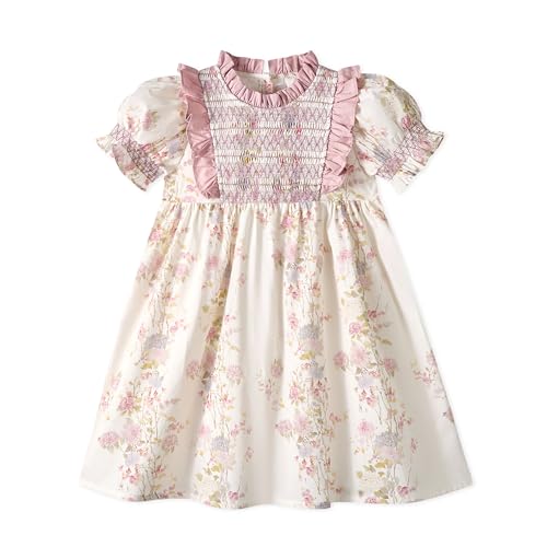 Image of Miipat Toddler Girls Smocked Dress Kids Floral Vintage Casual Dress Puff Sleeve Princess Little Girl Cotton Summer Dresses(Pinkfloral,2-3Years)