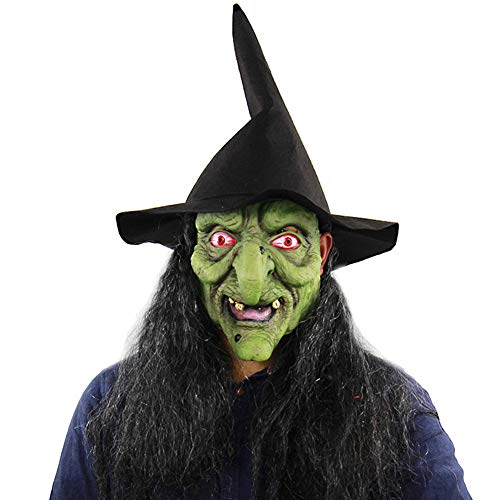 Witch Mask With Wigs and Hat - Halloween Scary Wizard Costum