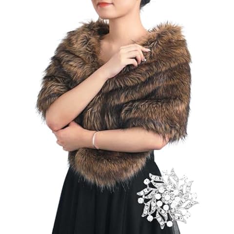GORAIS Women's Wedding Faux Fur Shawls and Wraps Bridal Fur Scarf Stoles with Brooch for Bride and Bridesmaids (US 4-14(S-M), A Brown) Cover