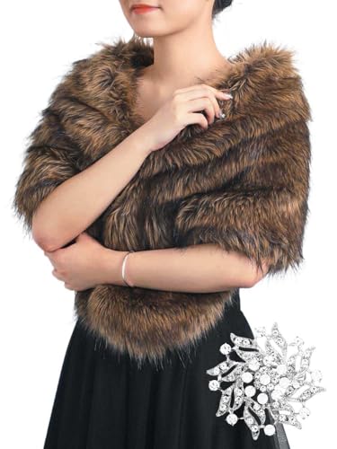 GORAIS Women's Wedding Faux Fur Shawls and Wraps Bridal Fur Scarf Stoles with Brooch for Bride and Bridesmaids
