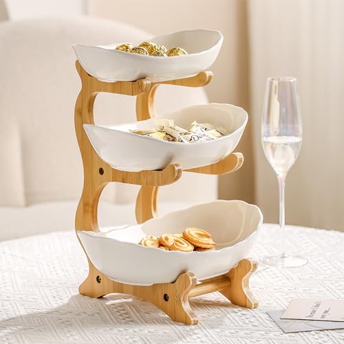 HOMKULA Fruit Bowl for Kitchen Counter - 3 Tier Ceramic Fruit Basket, Fruit Holder for Kitchen Countertop, Decorative Tiered Fruit Stand Organizer (White)
