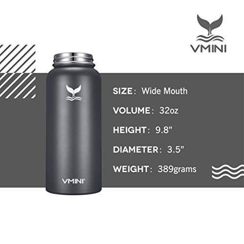 Vmini Water Bottle - Wide Mouth, 18/8 Stainless Steel, Double Wall Vacuum Insulated, New Straw Lid with Wide Handle (Grey, 32 oz)