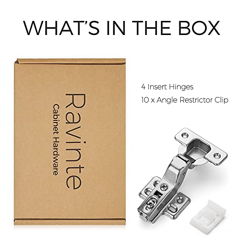 Ravinte 4 Pack European Insert Cabinet Hinges & 10 Pack Hinge Opening Angle Restrictor Clip #TOP2