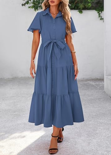 Image of KIRUNDO Summer Button Down Wedding Guest Shirt Dresses for Women Maxi Flutter Short Sleeve Flowy Tiered Beach Sun Dress