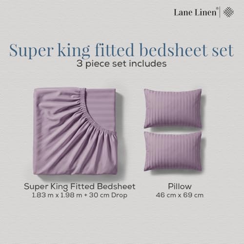 Image of LANE LINEN 100% Cotton Super King Elastic Fitted Bedsheet with 2 Pillow Cases | Damask Stripe 3pc Bedding Set- 1.83M x 1.98M + 30cm Deep Pocket | Breathable Fabric | Oeko-TEX Certified - Charcoal