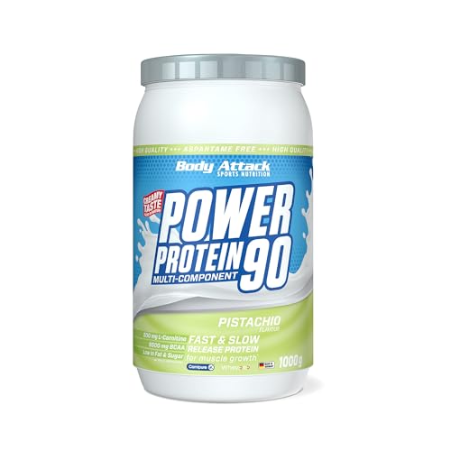 Body Attack POWER PROTEIN 90 -Pistazie - 1kg Dose - Mehrkomponenten Protein Pulver, Made in Germany - Mit BCAA, Vitaminen & L-Carnitin - Protein Shake extra cremiger Geschmack, gute Löslichkeit