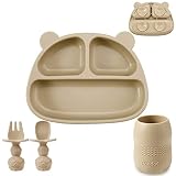 PandaEar Silicone Suction Plate with Tiny Sippy Cup and Spoon Fork for Self-Feeding, Divided Baby To