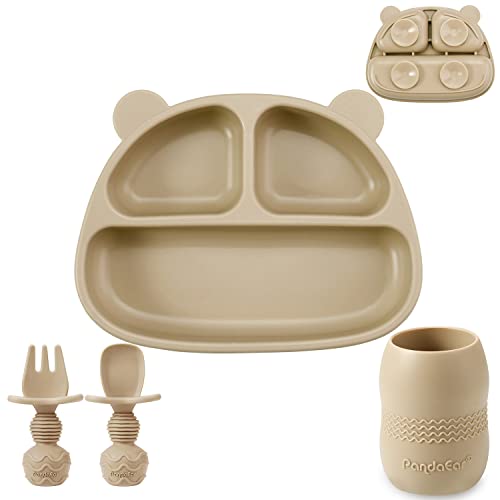 Pandaear Silicone Suction Plate With Tiny Sippy Cup And Spoon Fork For Self-Feeding, Divided Baby Toddler Plate With Suction, 100% Silicone Baby Food Plate, Bpa Free, Dishwasher Microwave Safe #TOP11