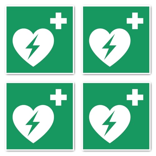 Automatisierter Externer Defibrillator (AED), Rettungszeichen: E010 - DIN EN ISO 7010 / ASR A1.3 - Aufkleber: 15 cm, 4 Stück