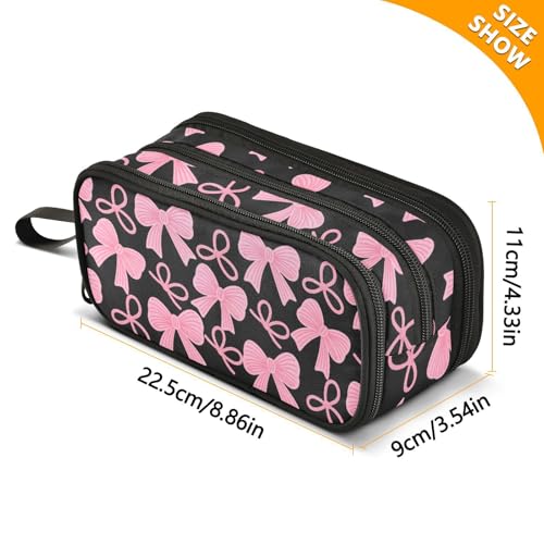 Image of ALAZA Pink Bow Black Pattern Large Pencil Case, Pen Pouch Pencil Bag with 3 Compartments Pen Holder Organizer Stationery Bag