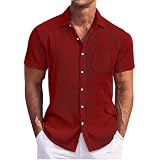 Mens Short Sleeve Ribbed Shirt Dressy Casual Button Up Hawaiian Vacation Shirts Comfortable Beach Camp Tops Wine