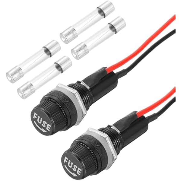 QUARKZMAN Zestaw 2 uchwytów bezpiecznikowych 6 x 30 mm, 125 V AC 15 A, nakrętka śrubowa, uchwyt bezpiecznikowy z wstępnie przylutowanymi przewodami i zestawem bezpieczników szklanych 15 A