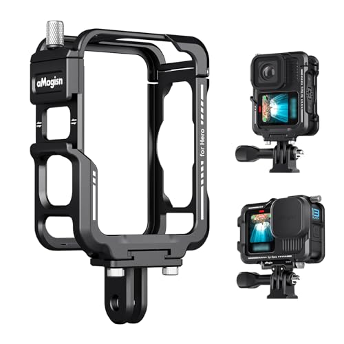 Aovee Aluminium Protective Cage with Lens Silicone Case for Gopro Hero 13/12/11/10/9 Black,Metal Durable Housing Cage Support Vertical and Horizontal Shooting