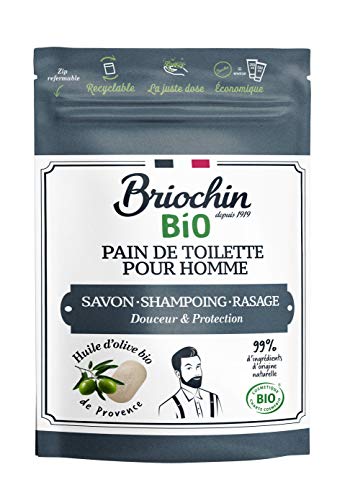 Briochin depuis 1919 - Pain de toilette savon 5 en 1 pour homme Huile d'Olive Bio de Provence 100g - Certifié Bio - Savon Shampoing Rasage - Douceur et Protection - Sachet kraft recyclable refermable Cover