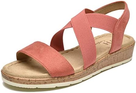 VJH confort Women's Flat sandals, Comfort Slip-on Elastic ankle strap Slingback Light Weight Casual Walking Sandals (brick,7.5)