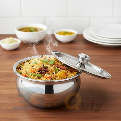 Image of Stainless Steel Cook and Serve Handi Panjabi Biryani Serving Bowl Milk Pot Pan Patila with Lid Laser Finished Gas & Induction Compatible Multipurpose Utensil 500 ml (Steel 1pc)