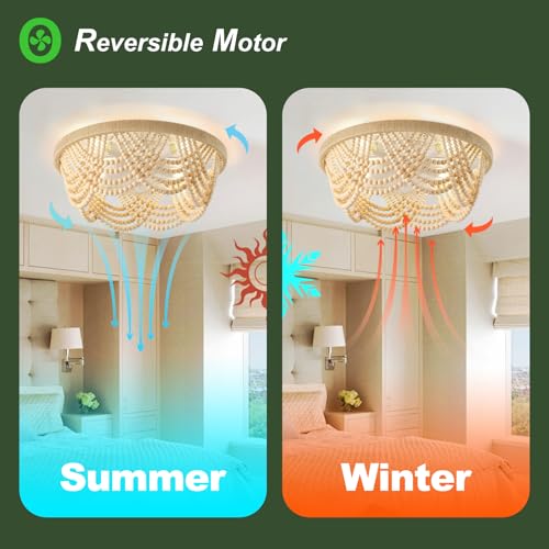 Image of Ceiling Fans with Lights and Remote - Bulbs Included, Caged Fandelier with Handcrafted Beaded Decor 19 Inches Reversible Flush Mount Installation Ceiling Fan, Wood