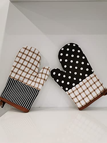(2-Pack) Oven Mitts (Brown Plaid + Dots), 0.4 Inches Thickness, Pot Holders, Heat Resistant, High Temperature Gloves, Pure Cotton, Thickened Microwave Oven Gloves, Heat Insulation Gloves, Oven Gloves #TOP2