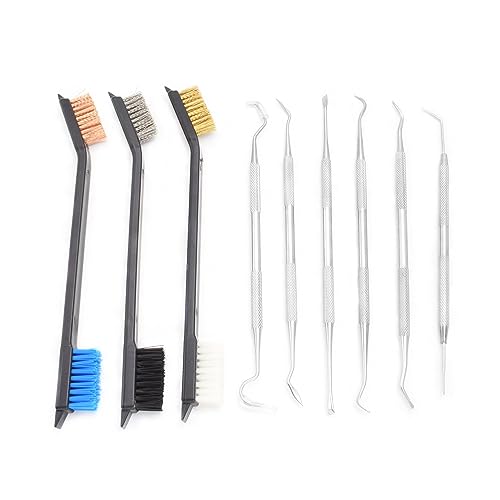 Image of Small Wire Brush Set - Brass / Stainless Steel / Nylon Brushes for Cleaning Rust Removal, Dirt, Paint Scrubbing Wire Brush Set Double-Ended Cleaning Pick (9 Pieces)