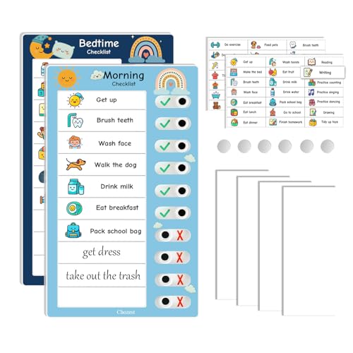 2PCS Magnetic Visual Chore Chart for Kids, Schedule Checklist for Kids, Kids to Do Task (1 Morning Checklist Boards, 1 Bedtime Checklist Boards) (Blue)