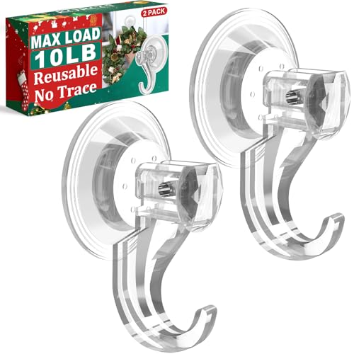 KORCCI Suction Cup Hooks for Shower-Max Load 10 LB, No Trace, Reusable & Removable, Small Clear Suction Hooks, for Tile, Glass, Window, Kitchen, Bathroom, Christmas Decor, Wreath, Lights, 2 Pack