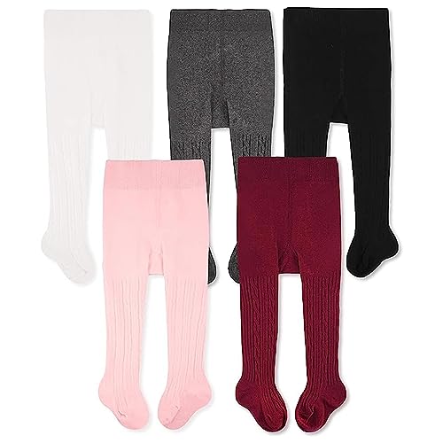 Image of CozyWay Girls Tights Cotton Cable Knit Footed Pantyhose Baby Toddler Leggings - Pack of 5