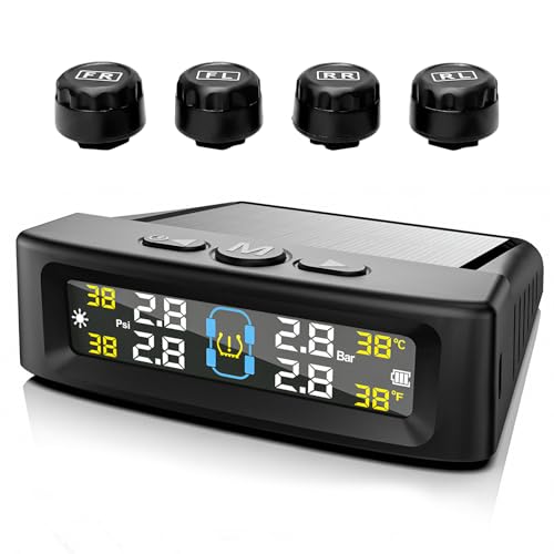 Gdnecad Tire Pressure Monitoring System, Wireless Tire Pressure Monitor with Solar/USB Charger & 4 External Sensors, 6 Alarm Modes Real-time LCD Display TPMS for Car Trailer Truck