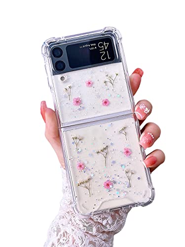 MUNDULEA Compatible with Samsung Galaxy Z Flip 4 Clear Case Women Girls Flexible TPU Flower Sparkle Glitter Anti-Scratch Shockproof Protective Cover for Galaxy Z Flip 4 (Small Pink)