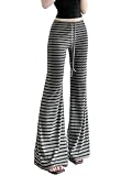 Women Flare Pants Y2K Vintage Grunge Striped Bell Bottoms Low Rise Drawstring Waist Goth Punk Trousers (Black, M)