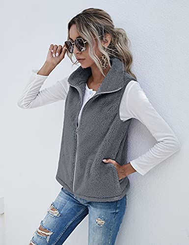 Raphin Daunenweste Damen Teddy-Fleece Ärmellos Casual Strickfleecejacke Damen Einfarbig Mode Lose Daunenweste Damen Leicht(Dunkelgrau,XXL)