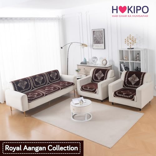 Image of HOKIPO Sheesh Brown Premium Chenille Jacquard Sofa Cover 5 Seater Set - Washable 3+1+1 Sofa Cover for Seat & Back | 'Royal Aangan Series' (IN-1008-L5*2 + IN-1006-L5*4)