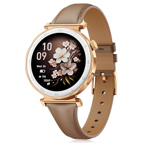 BOALZETD Smartwatch Damen - Eleganz im Kleinen mit 1,19" AMOLED Display & Schmalem Lederarmband, Fitnessuhr mit Schrittzähler, Sportmodi, Puls/SpO2/Schlafmonitor für iOS/Android, Roségold/Braun