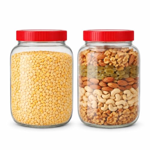 Image of 2000ml Glass Storage Jar Pack of 2 with Red Screw Lid | Airtight Round Glass Container for Kitchen Storage | Food Grade Pantry Jar for Rice, Dal, Flour, Sugar, Dry Fruits & Grocery