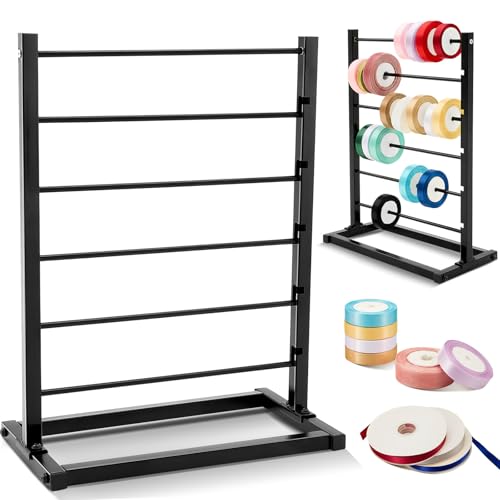 Menkxi 6 Tier Metal Ribbon Organizer Rack, Ribbon Holder Display,Black