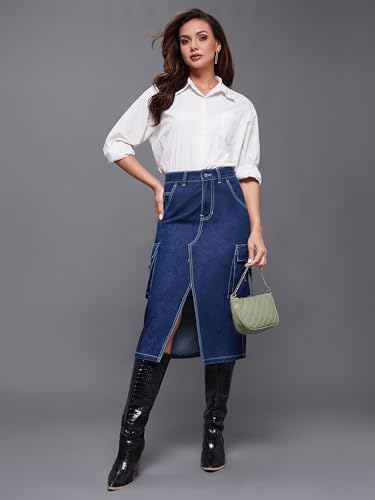 Image of Miss Chase Women's Regular High Rise Above Knee Stretchable Denim Skirt