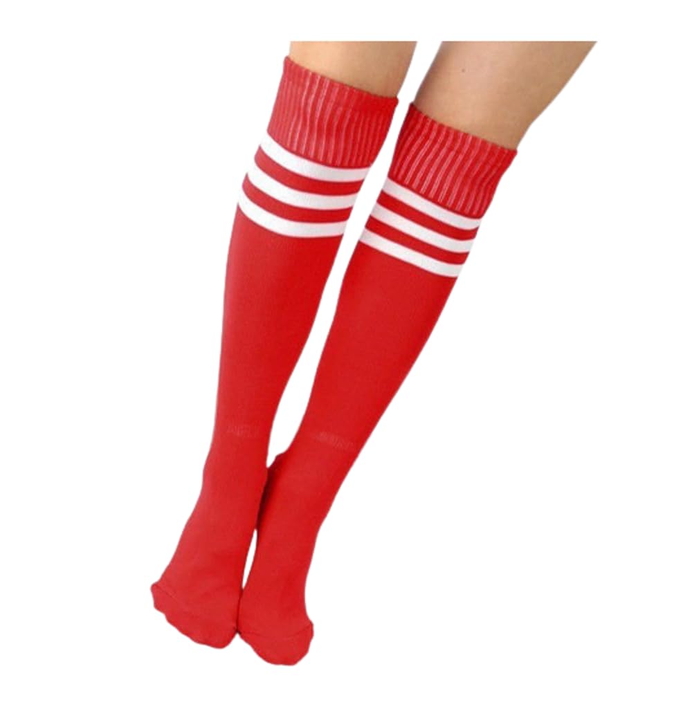 4pk of Stripe Football Sports Socks Stretchy Compression Non-slip Knee High Tube Soccer Athletic Long Multi color Stripe design for Men Women Teens unisex (Red)