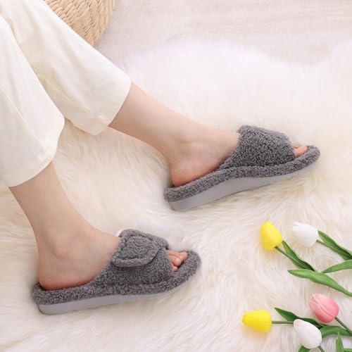 Litfun Womens Fuzzy Arch Support Slippers Orthopedic Comfy Adjustable Open Toe House Shoes, New Grey 382